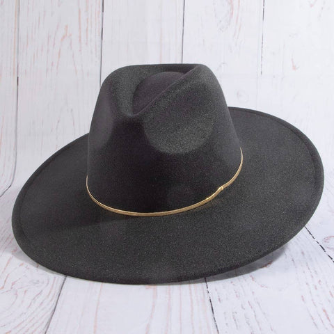 Flat Brim Herringbone Chain Fedora Fashion Hat: BK
