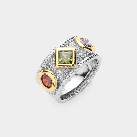 Colored Stone Pointed CZ Stone Paved Ring: 8