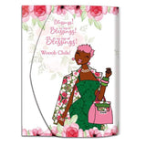 Card with a colorful illustration of a woman in a green dress and floral jacket, surrounded by pink flowers and text.