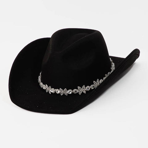 Floral Rhinestone Strap Western Cowboy Hat: BK