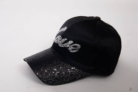 VIA FIORE Love Rhinestone Satin Baseball Cap : Black