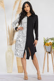 HH704R-NEWSPRINT -  Color Block Newsprint Midi Shirt Dress: S / BLACK AND WHITE