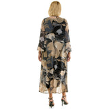PLUS SIZE ABSTRACT PRINT MESH DUSTER & MIDI DRESS SET: Tan/Gray/Black / 1X