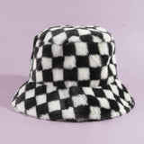 Plush Faux Fur Checkered Bucket Hat: BW