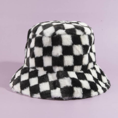 Plush Faux Fur Checkered Bucket Hat: BW