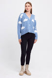 Cloud Printed Knit Cardigan Cropped Cute Sweaters: Blue