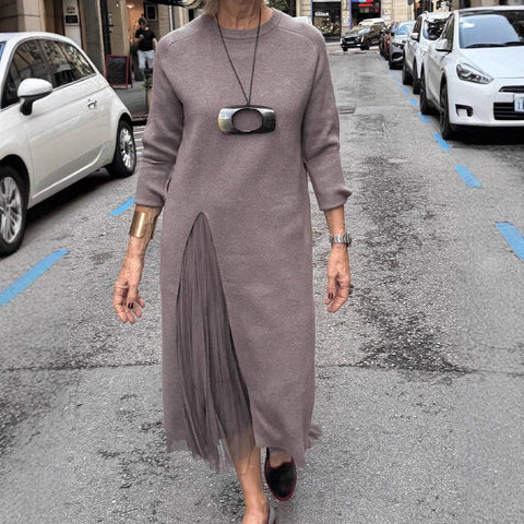 Women's Long Sleeve Sweater Dress Mesh Slit Maxi: Camel / XL