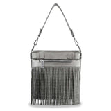 Silver handbag with fringe details on a white background