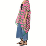 Kimono Lux Geo Print Pink and Green for Women: Pink and Green / Multi Tone / 35.4 x 35.4 inches