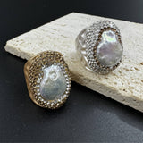 Irregular Fresh Water Pearl Rhinestone Alloy Ring: Silver