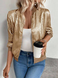 Women's Metallic Zip-Up Bomber Jacket Lightweight Casual: Gold / 100%Viscose / XL