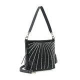 Black handbag with rhinestone embellishments on a white background