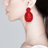 Oval Glass Stone Rhinestone Paved Dangle Evening Earrings: Red