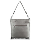 Silver handbag with a strap on a white background