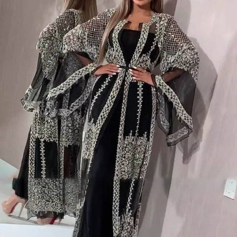 Sequin Evening Gown with Cape Sleeve: Black / XL