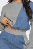 Color Block Denim Detail Top Pockets Pants Set: H.Grey-Denim / 2-2-2 (S-M-L)
