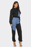 Color Block Denim Detail Top Pockets Pants Set: H.Grey-Denim / 2-2-2 (S-M-L)