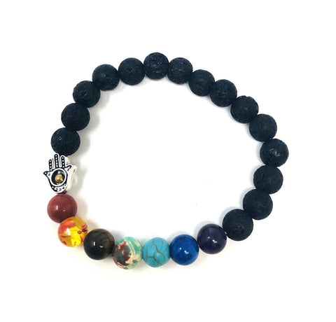 #49 Lava stone + 7 chakra beads Hamsa Charm Bracelet U37