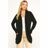 SOFT WRAP SHIRRED SIDE OPEN CARDIGAN: RDBRN / M