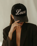 VIA FIORE Love Rhinestone Satin Baseball Cap : Black