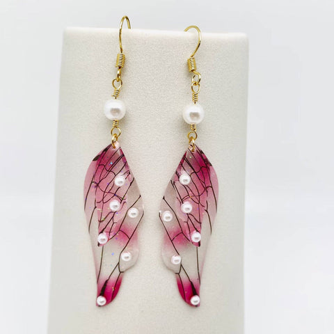 Colorful Double Butterfly Wings Dangle Earrings: Pearl-Light Pink