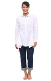Woman wearing a white shirt and dark blue jeans on a white background