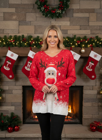 Red long-sleeve shirt with a Rudolph reindeer design on a hanger against a white background