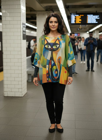 Colorful sweater with a cat design on a hanger against a white background