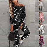 Women Off Shoulder Letter Print Lounge Set Two Piece: Black / 2XL