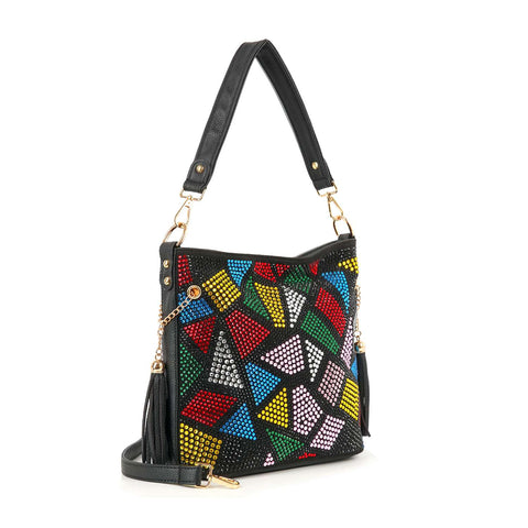 Colorful  Stained Glass  Design Rhinestone Crossbody Hobo: Black