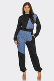 Color Block Denim Detail Top Pockets Pants Set: H.Grey-Denim / 2-2-2 (S-M-L)