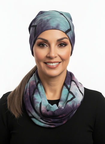  colorful scarf and beanie on a model 