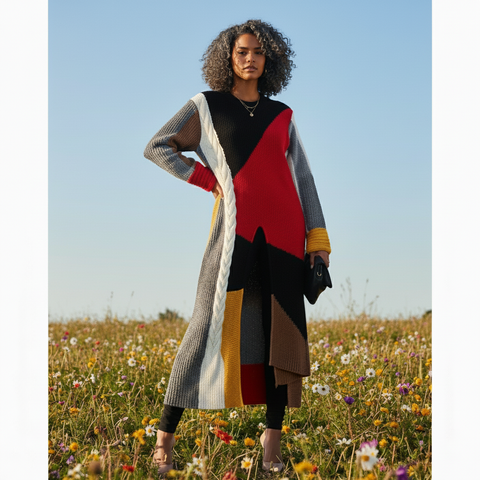 Woman wearing a colorful outfit in a field of flowers