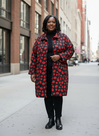Black fabric with red lip prints on a geometric patterned floor