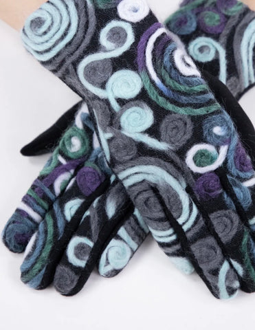 Pair of patterned gloves on a white background