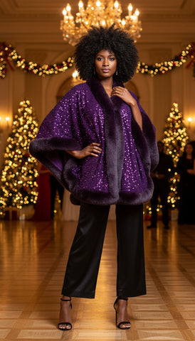 Woman wearing a purple sequin cape with fur trim on a white background