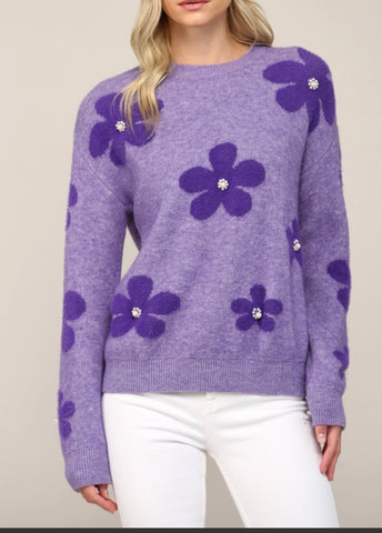 Purple fuzzy sweater with pearls 