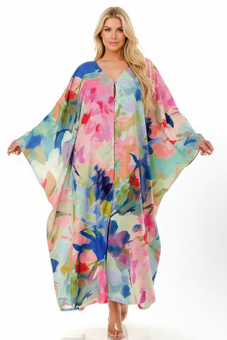 Colorful floral kimono-style garment on a white background