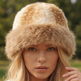 Deer Fawn Print Marled Fur Trim Bucket Hat: LBR