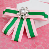 AKA Sorority Pink Green Bow Tie Style Brooch: Pink and Green / Rhodium / 4 x 5.5 inches