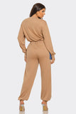 French Terry Color Block Denim Detail Top Pockets Pants Set: MOCHA / 2-2-2 (S-M-L)