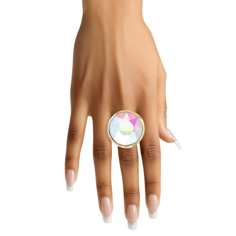 Cocktail Round Cut Aurbo Crystal Gold Stretch Ring: Color: Aurore Borealis / Plating: Gold / Size: Stretch to Fit
