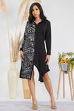 HH704R-NEWSPRINT -  Color Block Newsprint Midi Shirt Dress: XL / BLACK AND WHITE