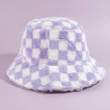 Plush Faux Fur Checkered Bucket Hat: BW