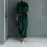 Velvet Mock Neck Wide Leg Pants Two Piece Lounge Set: Dark Green / XL