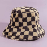 Plush Faux Fur Checkered Bucket Hat: BW