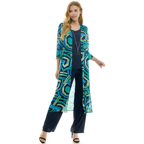 MISSY 3PC CARDIGAN TANK, PANT NECKLACE SET G109395L85: NAV/TUR/GRN / XL