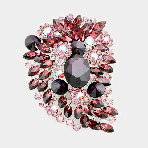 Oversize Multi Stone Floral Pin Brooch: Purple