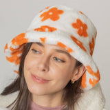 Floral Printed Faux Fur Bucket Hat: ORA / One Size