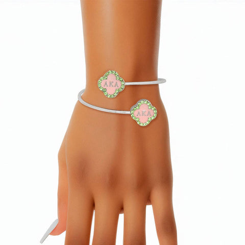 AKA Sorority Rhinestone Pink Clover Open Bangle: Pink and Green / Rhodium / Adjustable